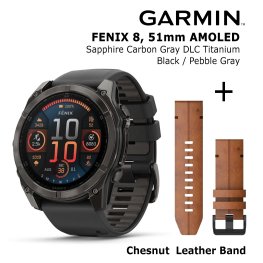 GARMIN Fenix 8 51 mm, AMOLED, Sapphire Carbon + Chestnut Leather Band sports watch