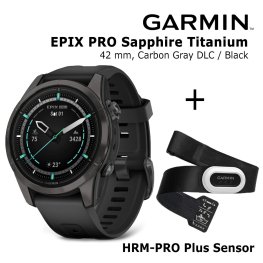 GARMIN epix Pro (Gen 2) Sapphire, 42 mm Carbon Gray DLC titanium with black + HRM-PRO Plus Sensor sports watch