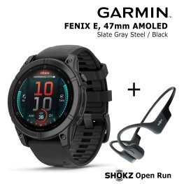 GARMIN Fenix E 47 mm, AMOLED, Slate Gray Steel + SHOKZ Open Run Black sports watch