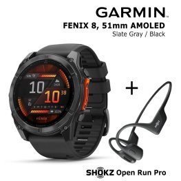 GARMIN Fenix 8 51 mm, AMOLED, Slate Gray + SHOKZ Open Run Pro Black sports watch