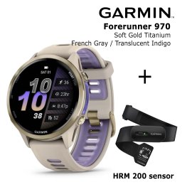 GARMIN Forerunner 970, Soft Gold Titanium, French Gray/Translucent Indigo + HRM 200 sports watch