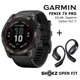 GARMIN Fenix 7X Pro Saph Solar Carbon Gray Ti / Black + Shokz Open Fit Black sports watch