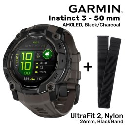 GARMIN Instinct 3 - 50 mm, AMOLED, Black/Charcoal + UltraFit 2, Nylon, 26mm, Black sports watch